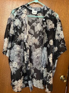 Sheer Black Floral Button-Up Top